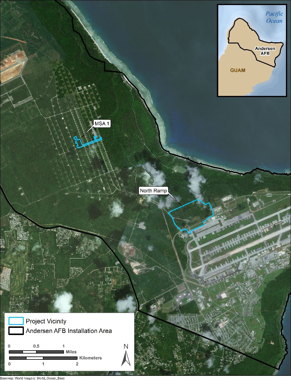 Map of Andersen AFB showing the North Ramp and Munitions Storage Area-1 locations selected for infrastructure upgrades.